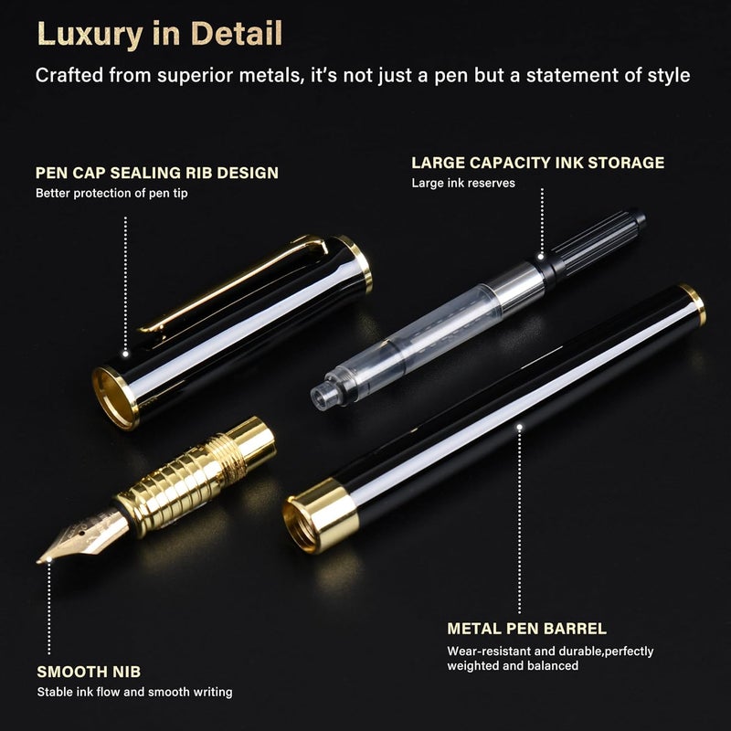lucilynx Black Fountain Pen Set, Medium Nib, Includes 10 Ink Cartridges, 2 Ink Refill Converter and Premium Gift Box, Luxury Pen Perfect for Men and Women - Image 5